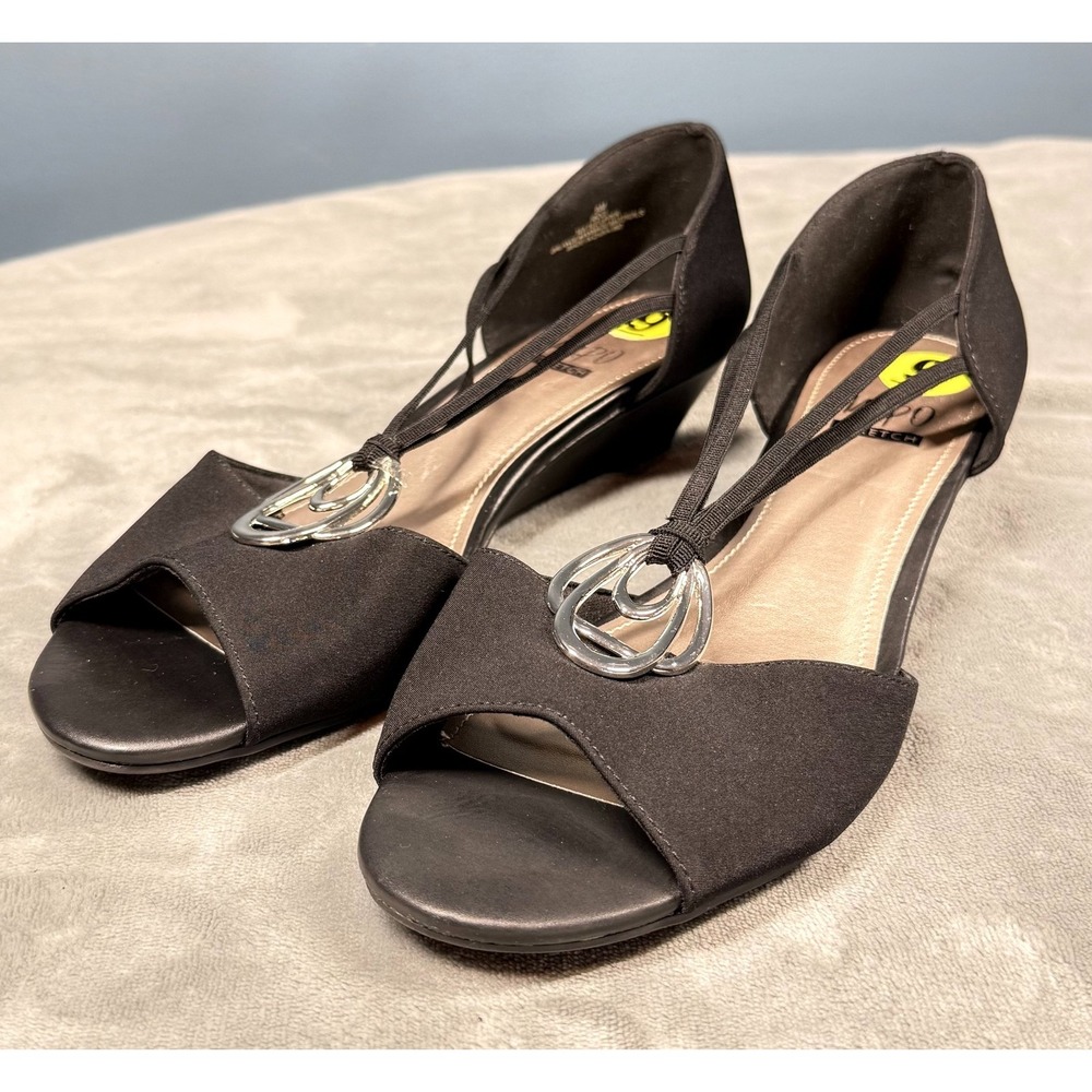 Impo Stretch Wedge Sandals Womens 9M Black Peep Toe Ring Detail